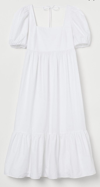 H&M Size Small White Cotton Poplin Tiered Midi Dress Puff Sleeve Square Neck | eBay