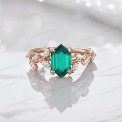 925 Sterling Silver 8x4mm Hexagon Shape Natural Emerald CZ Diamond Twig Ring