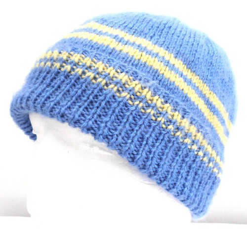NEW One Of A Kind Hand Knitted Blue & Yellow Ladies Beanie Hat - Picture 7 of 10