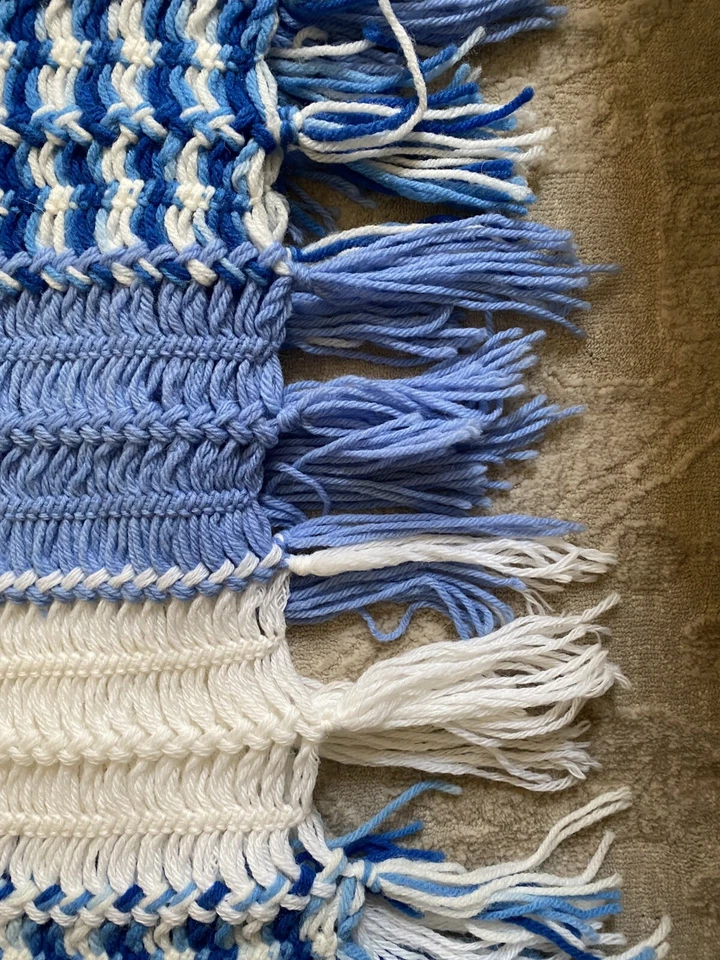Vtg Handmade Crochet Afghan Blanket Retro 70s Fringe Stripe Blue White 86” x 64” - Image 3 of 4