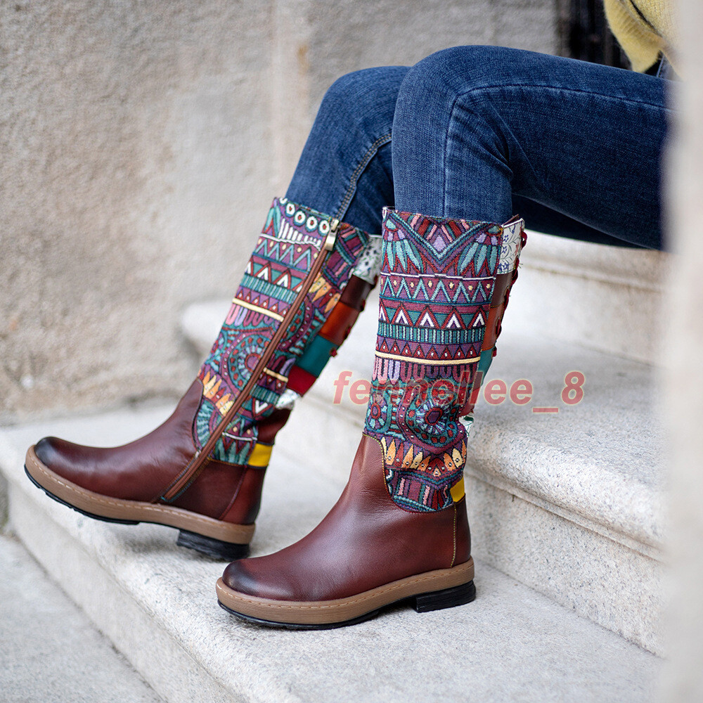 Womens Boho Style Real Leather Splicing Knee High Boots Zip