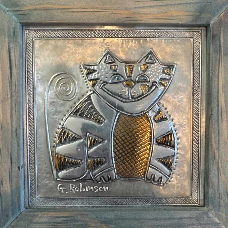 Cat Art Aluminum Hand Made and Framed, G. Robinson  10 1/2"