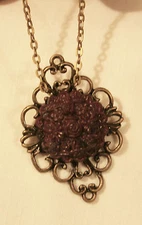 Delightful Scallop Brasstone Raised Purple Flower Bouquet Pendant Necklace Pin