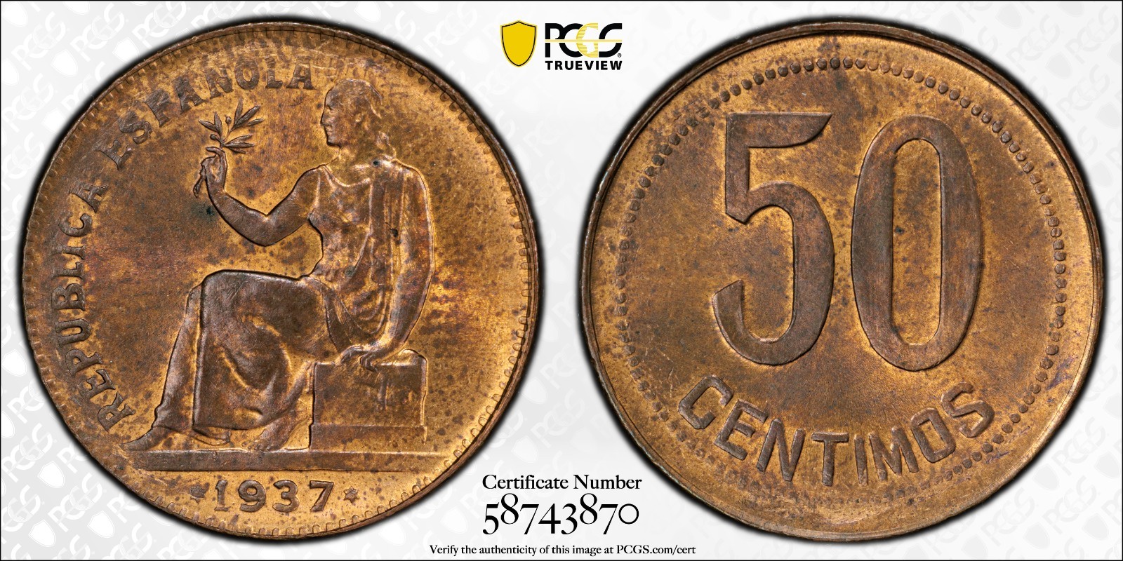 Spain 1937 50 Centimos Beaded (36) PCGS MS 63 RB