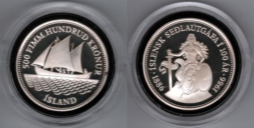 ISLAND 500 Kronur 1986 Schiffsmotiv Silber/PP #950