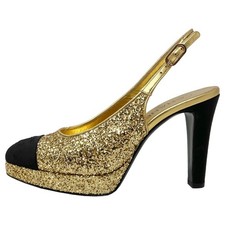 Chanel Slingback Gold Glitter Platform Cap Toe Pumps – Size 38