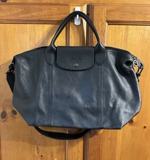 Longchamp Le Pliage Cuir Medium Black Leather Handbag Tote Purse Shoulder Bag