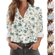 Women's Shirt With Floral Print Buttons, Long Sleeved Casual Regular Shirt