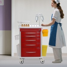 5 Tiers Mobile Lab Cart Medical Trolley Rolling Cart with 5 Drawers 2 Trash Cans