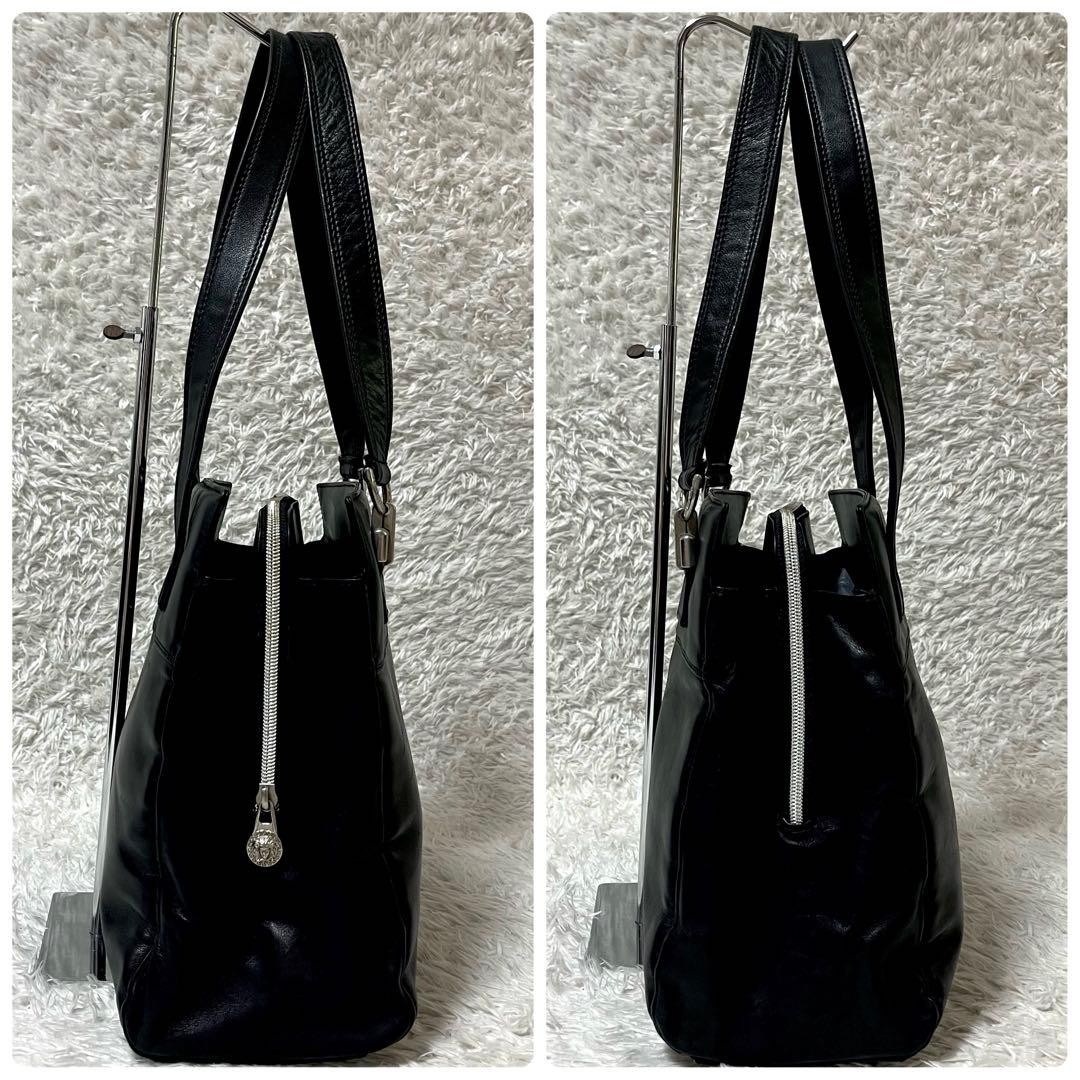 GIANNI VERSACE Leather HandBag Tote Bag Medusa Embossed Silver Hardware Black thumbnail 10