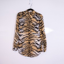 Equipment Femme Silk Chiffon Semi Sheer Collared Button Down Blouse Tiger Print