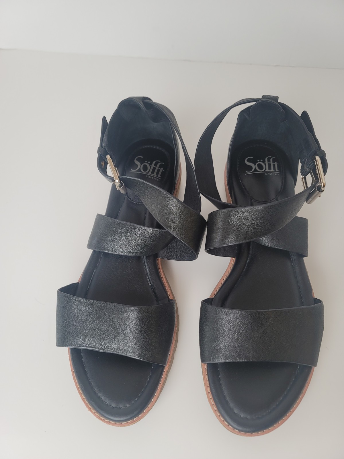 Sandalias Sofft Novia de cuero negro con correa al tobillo para mujer talla 8