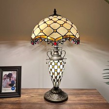 Tiffany Style Table Lamp Crystal Beans Gold Stained Glass LED Bulbs 22"H12"W12"