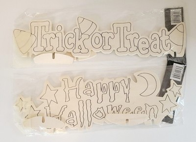 Halloween Unfinished Wood Cutout Signs Pumpkin Ghost Bat Crafts 2 Pieces New