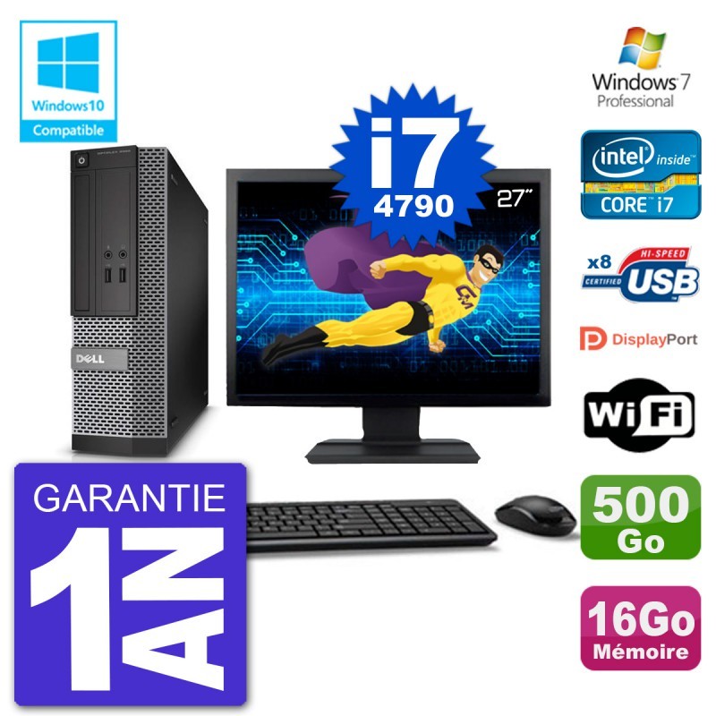 PC Dell 3020 SFF Ecran 27" Intel i7-4790 RAM 16Go Disque 500Go Graveur DVD Wifi
