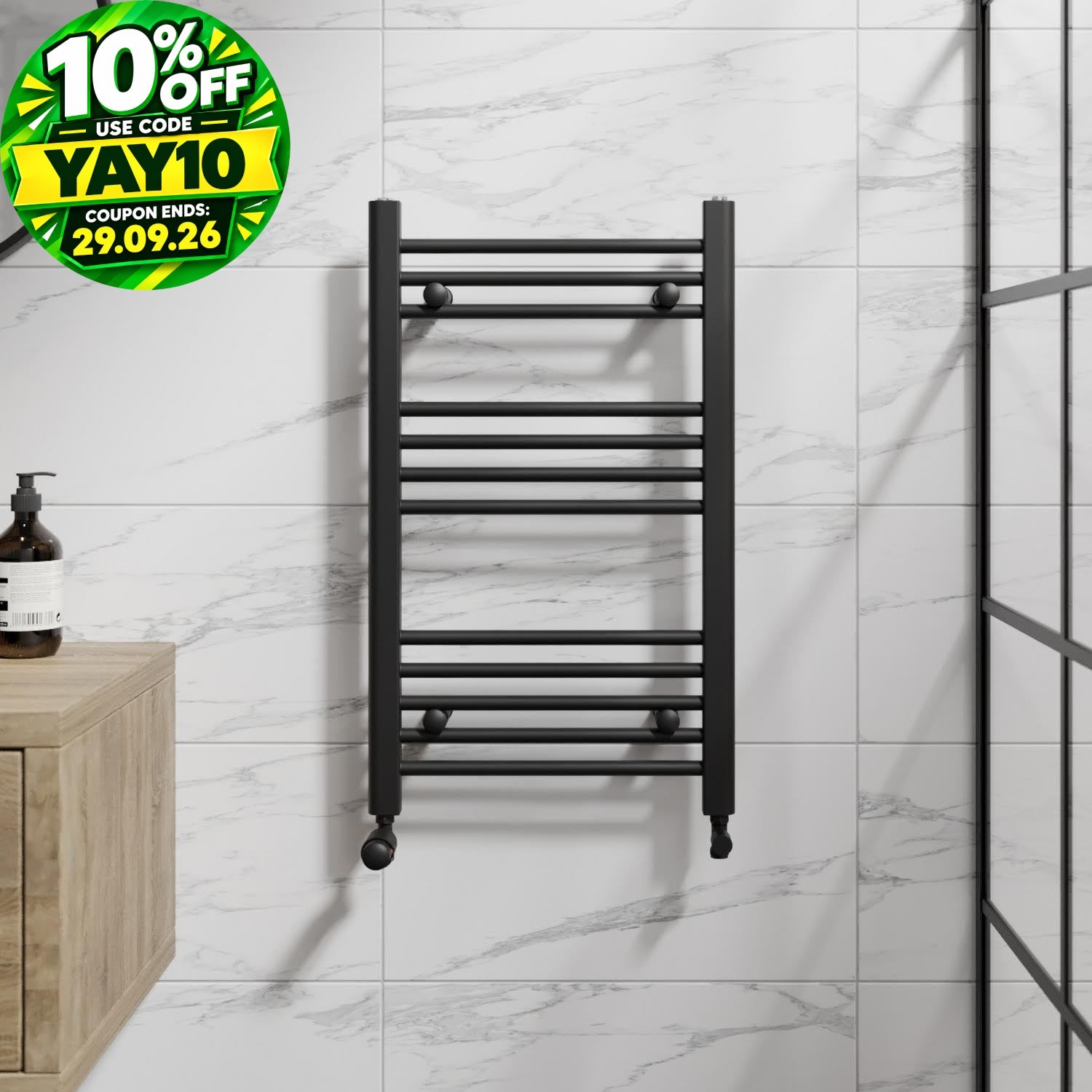 RadiLux Heated Towel Rail Matt Black 750 x 450mm Flat
