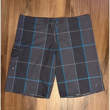Ocean Pacific OP Board Shorts Mens 38 Grey Blue Plaid OPFlex 4-Way Stretch Swim