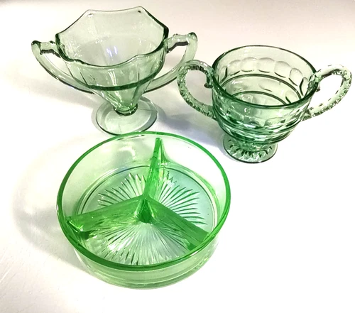 Lot Of Three Pieces Of Green Depression Uranium Glass UV Reactive