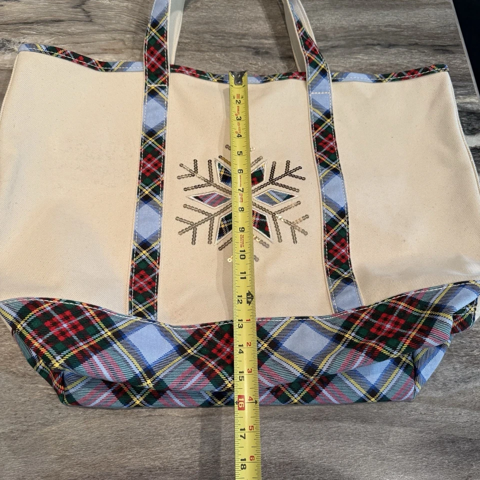 L.ands End Extra Large Tote Bag with Snowflake Design Plaid Straps & Bottom. - Image 3 of 4