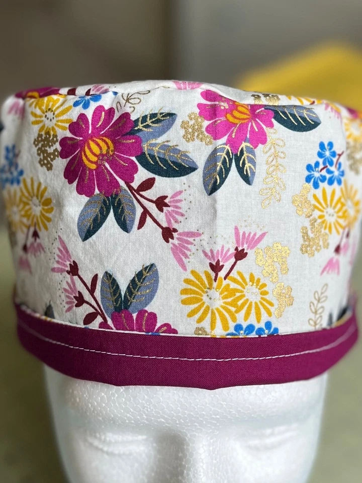 Floral gold reversible Women's Skull/Chemo Surgical Scrub Hat/Cap Handmade - Image 3 of 4