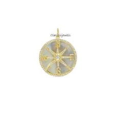 Diamond Compass Pendant Medallion Charm 22 MM Charm, 14k Yellow Gold Plated