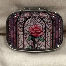 Rose Travel Pill Box 2 Compartment Decorative Medicine Pill Case Metal NEW