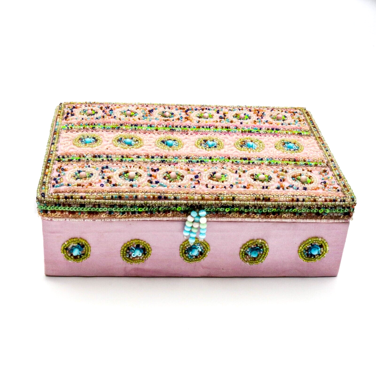 Pink Beaded Jewelry Box with Mirror Green Blue Pink Sequins Pink Beaded Jewelry Box with Mirror Green Blue Pink Sequins