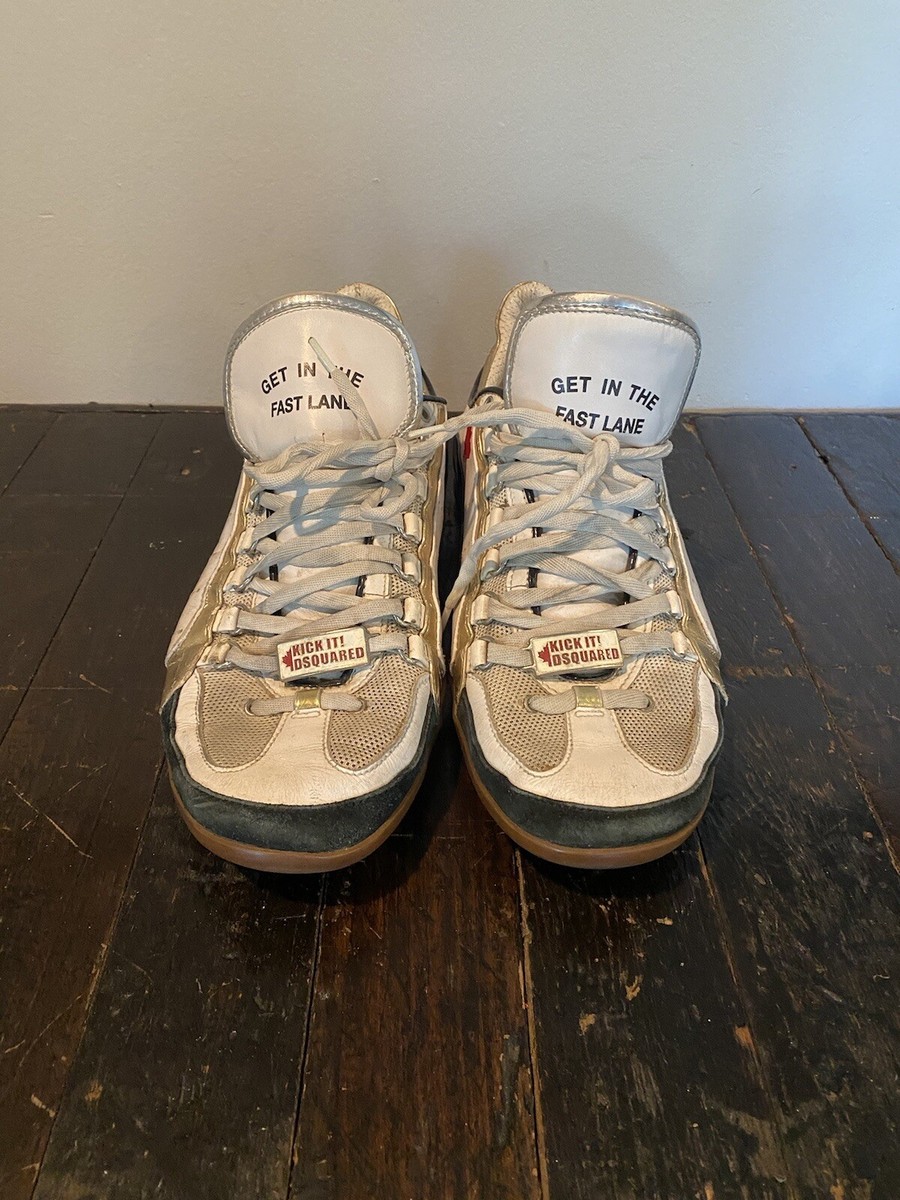 Men's “DSQUARED2” White Sneakers & Black/Gold Trim. Size 11