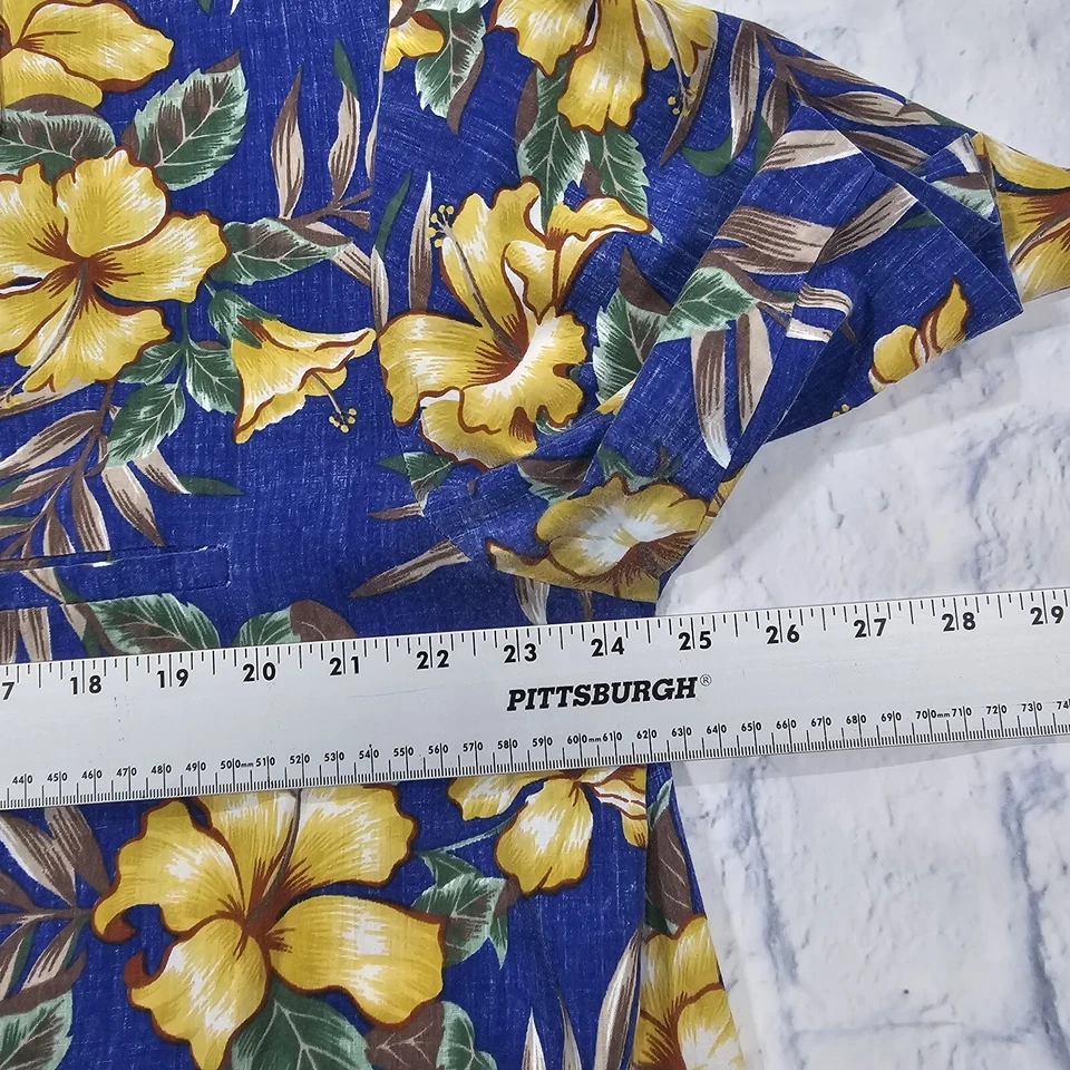 Royal Creations PARA HOMBRES XL Camisa de Campamento Hawaiana Algodón Hibisco Floral Azul Amarillo Foto 4 de 4