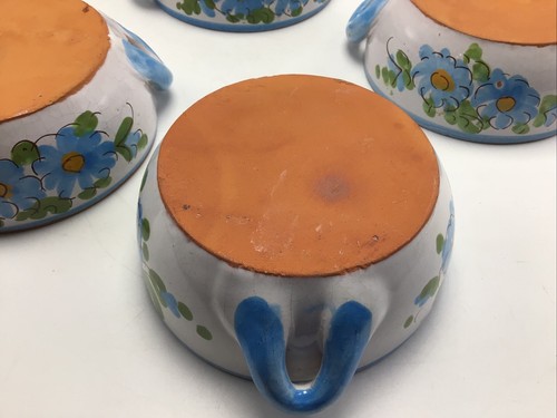 Soup Crocks Bowls Terracotta Hand Painted Blue Green Floral Handles Set 4 Chili - Picture 16 of 18