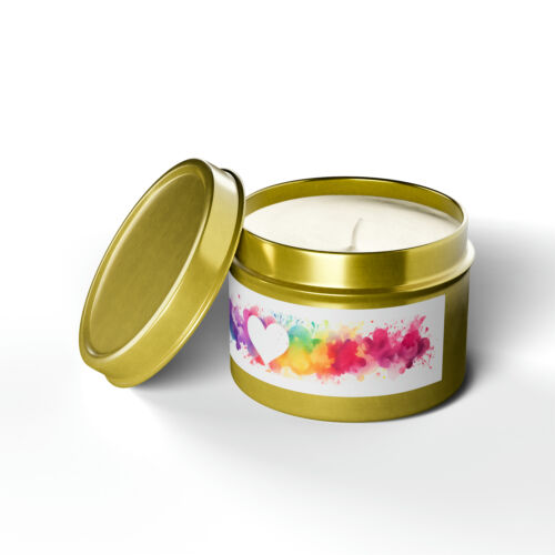 Valentine Day Gift | Scented Vanilla Bean Tin Candle 4oz | Gold Rainbow Hearts - Picture 1 of 5
