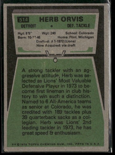 Tarjeta de fútbol americano Herb Orvis 1975 Topps #514 Detroit Lions RC - Imagen 2 de 2