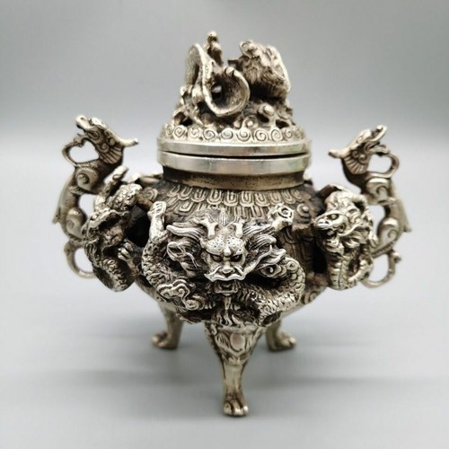 Antik Tibet Silber neun Drachen Räuchergefäß alt Stempel Dreibein Räuchergefäß Statue - Bild 3 von 8