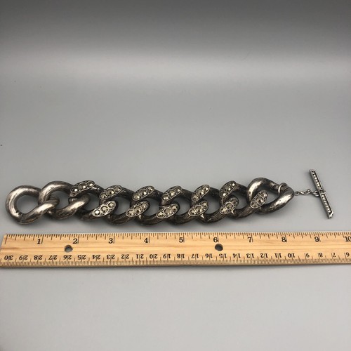 Vtg Lanvin France Wide Link Bracelet Gun Metal Silver Marcasite Toggle Art Deco - Picture 6 of 13