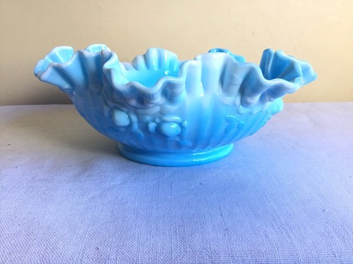 Vintage Fenton Blue White Marble Slag Glass Cabbage Rose Ruffled Bowl 9"D - Picture 4 of 7