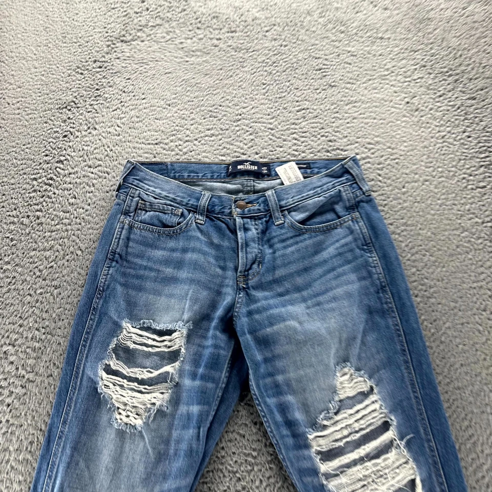 Pantalones de mezclilla Hollister para mujer 5 azules novio tiro bajo desgastado botón mosca Foto 2 de 4