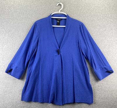 Ali Miles M Blue Textured Top 3/4 Sleeve V Neck Hook Front Stretch Blouse