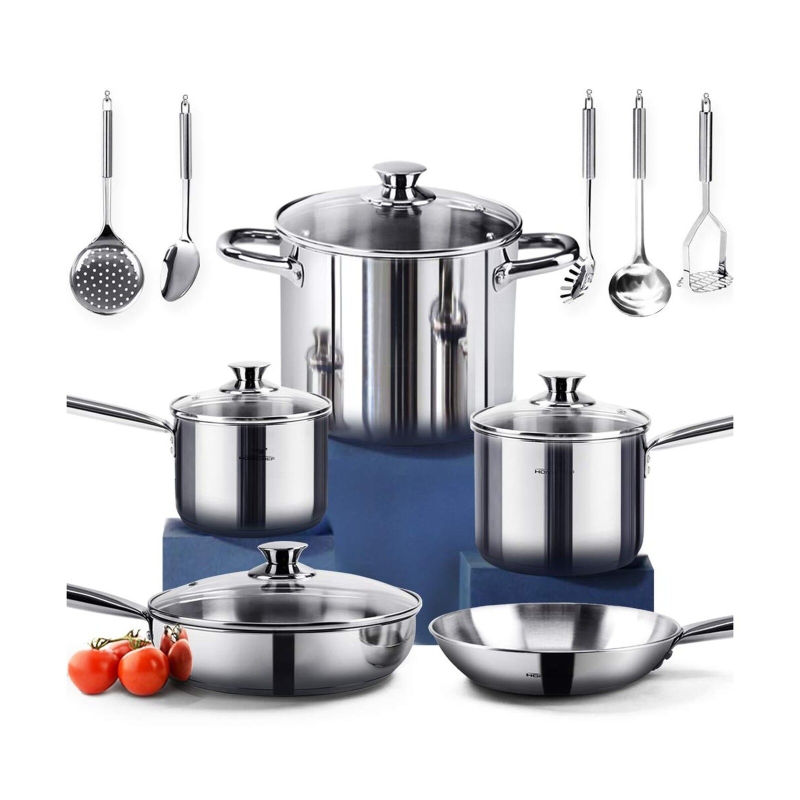 HOMI CHEF 14-Piece Nickel Free Stainless Steel Cookware Set - Nickel Free Sta...