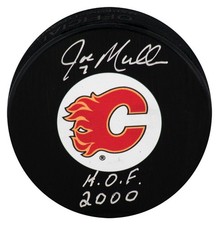 Joe Mullen Signed Flames Medium Logo Hockey Puck w/HOF - (In Silver) - (SS COA)