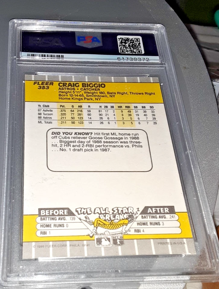 Craig Biggio RC 1989 Fleer PSA 10 #353 Rookie Astros HOF  - Image 2 of 4
