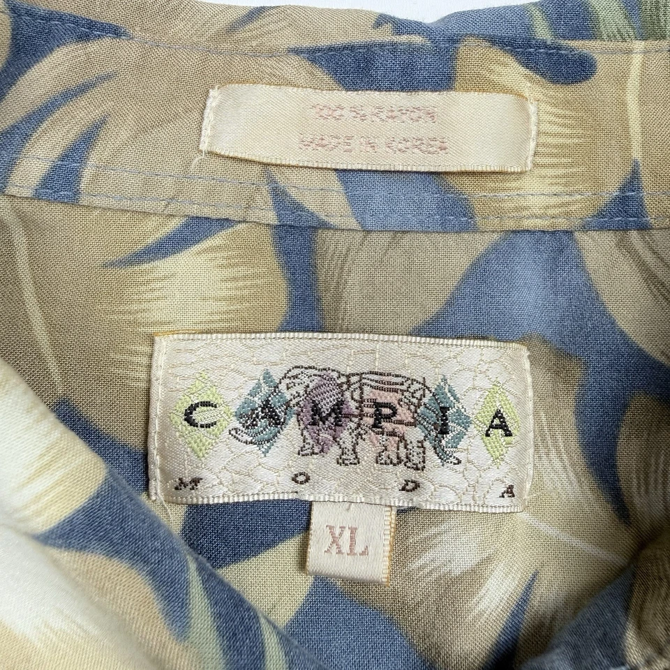 Campra Moda Hawaiian Shirt XL Blue Tan Floral Tropical Button Front Korea Vtg - Image 4 of 4
