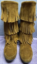 Minnetonka Women  s Size 8 Olive Brown Suede 3-Layer Fringe Moccasin Boots 1632