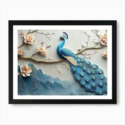 3d Artwork Background Blue Peacock  Framed Wall Art Poster Canvas Print Picture