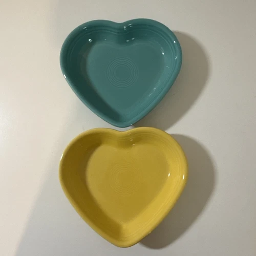 Fiesta Ware Heart Shaped Bowl 6" Teal& Yellow Set Of 2