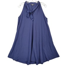 Papaya Blue Navy Dress Midi Preppy Tie V-Neck Sleeveless Shift Chic Women Size M