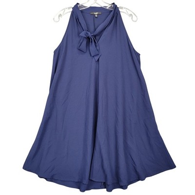 Papaya Blue Navy Dress Midi Preppy Tie V-Neck Sleeveless Shift Chic Women Size M