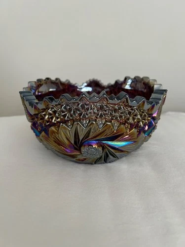 VTG L.E.Smith Comet in the Stars Purple Iridescent Carnival Glass Bowl