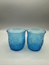 Vintage Anchor Hocking Spring Song Daisy Blue Juice Glass Set/2 Mid Century USA
