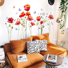 Red Poppy Flowers Wall Decals Daisy Floral Butterfly Wall Stickers DIY Removable