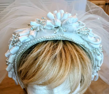 Vintage Bridal Headband Gorgeous Pearl  Beaded w Double Layer Veil